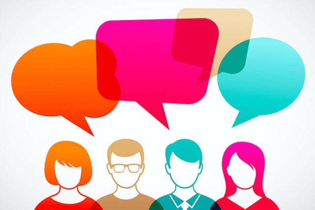 cartoon of multi-colored conversation bubbles over four heads