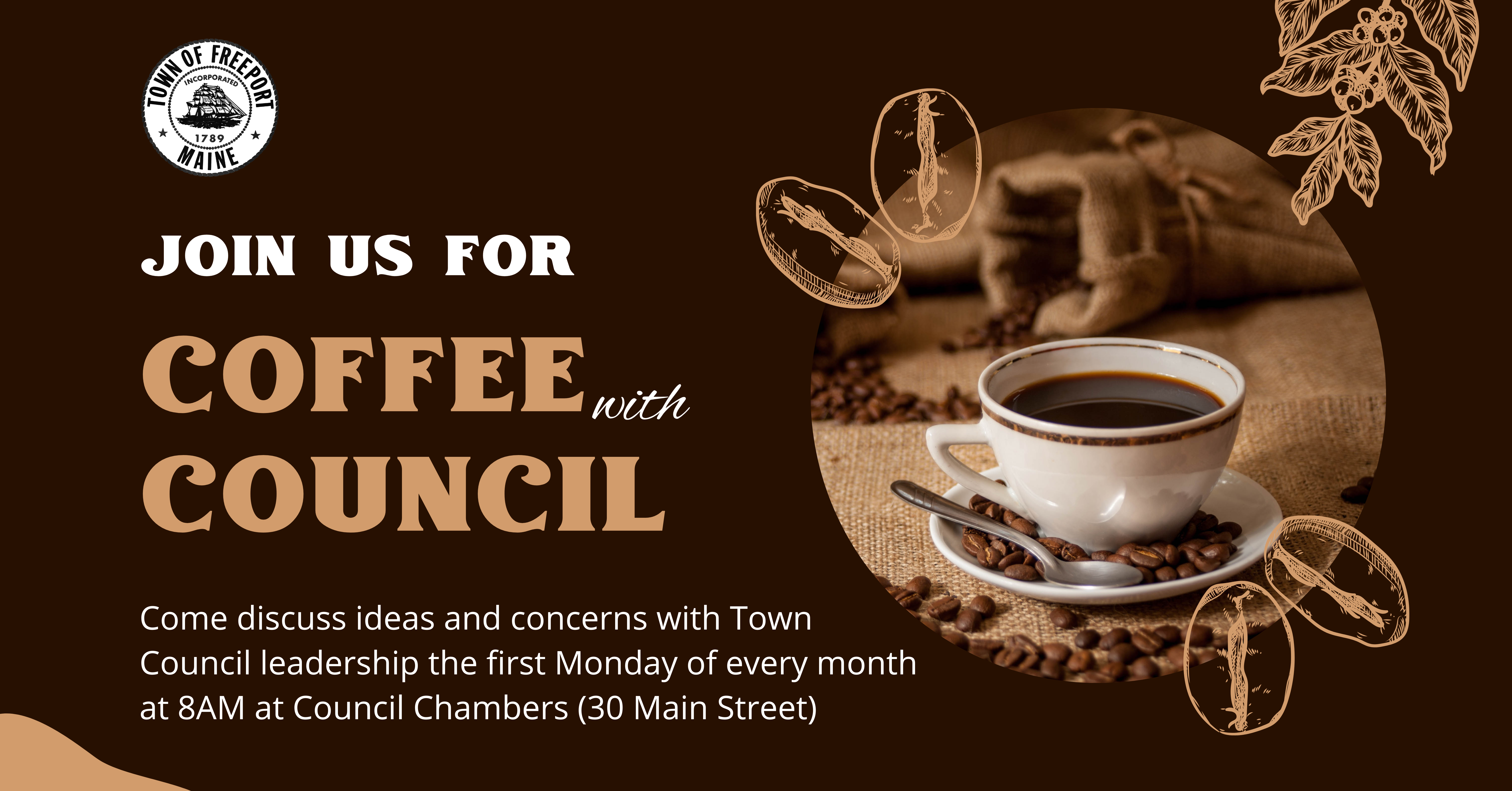 cup of coffee and coffee bean illustration w/Coffee with Council headline